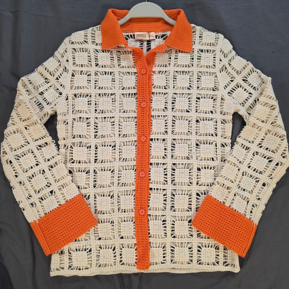 Forever 21 Made by Shein X Crochet Knit Button Up Shirt Orange Cream Small NWT
